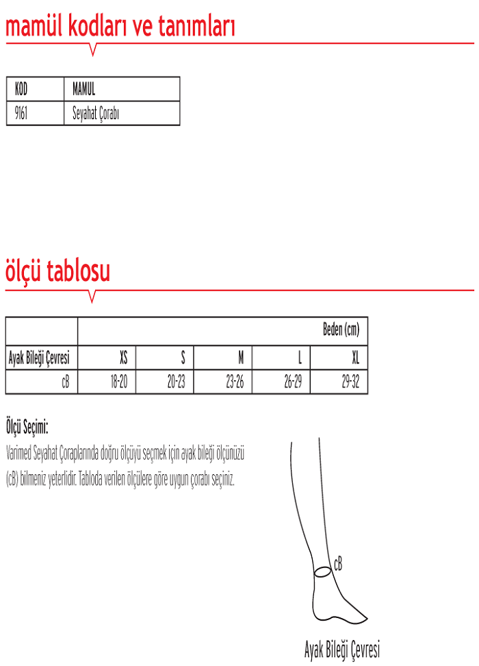 Varimed Seyahat Çorabı Beden Ölçüm Tablosu